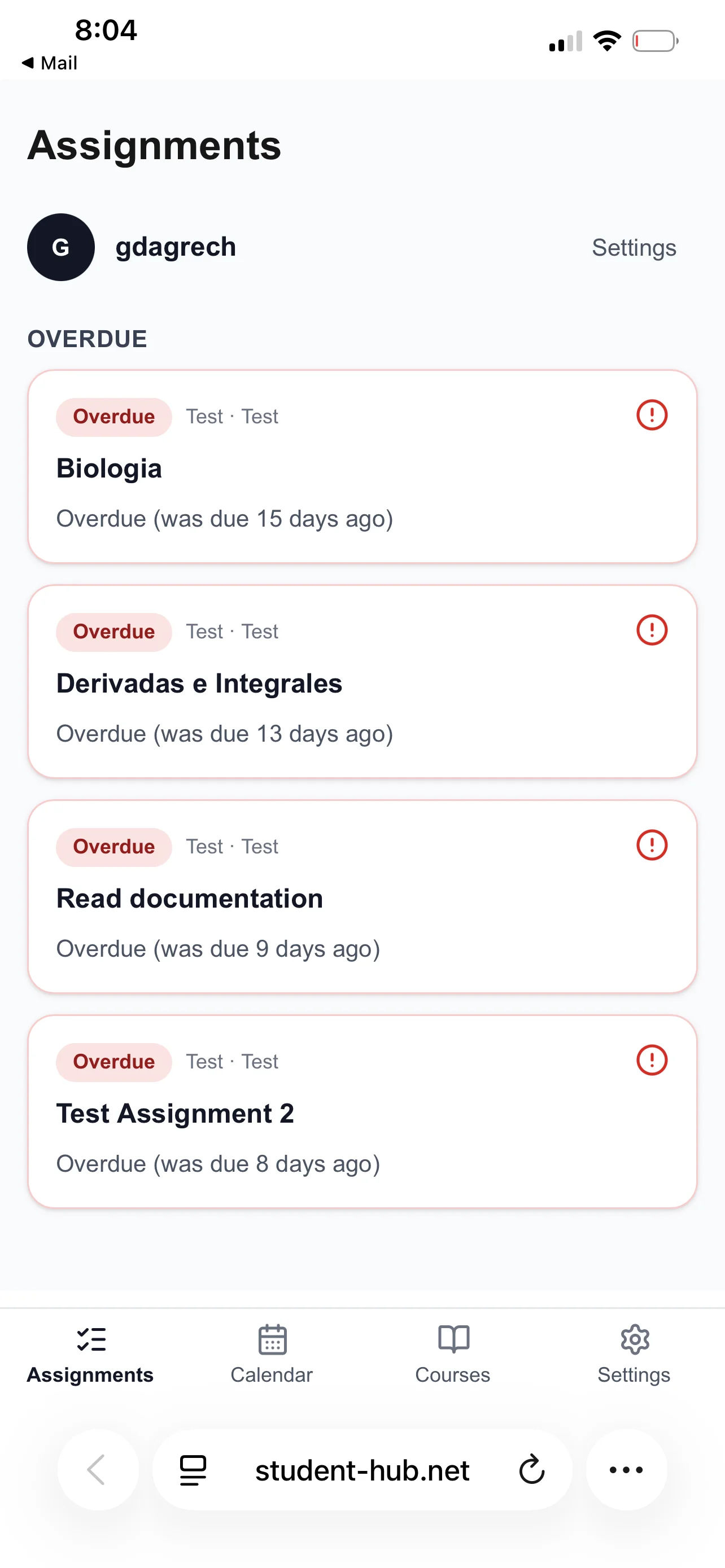 StudentHub showing real assignments organized by priority with overdue, today, and upcoming sections