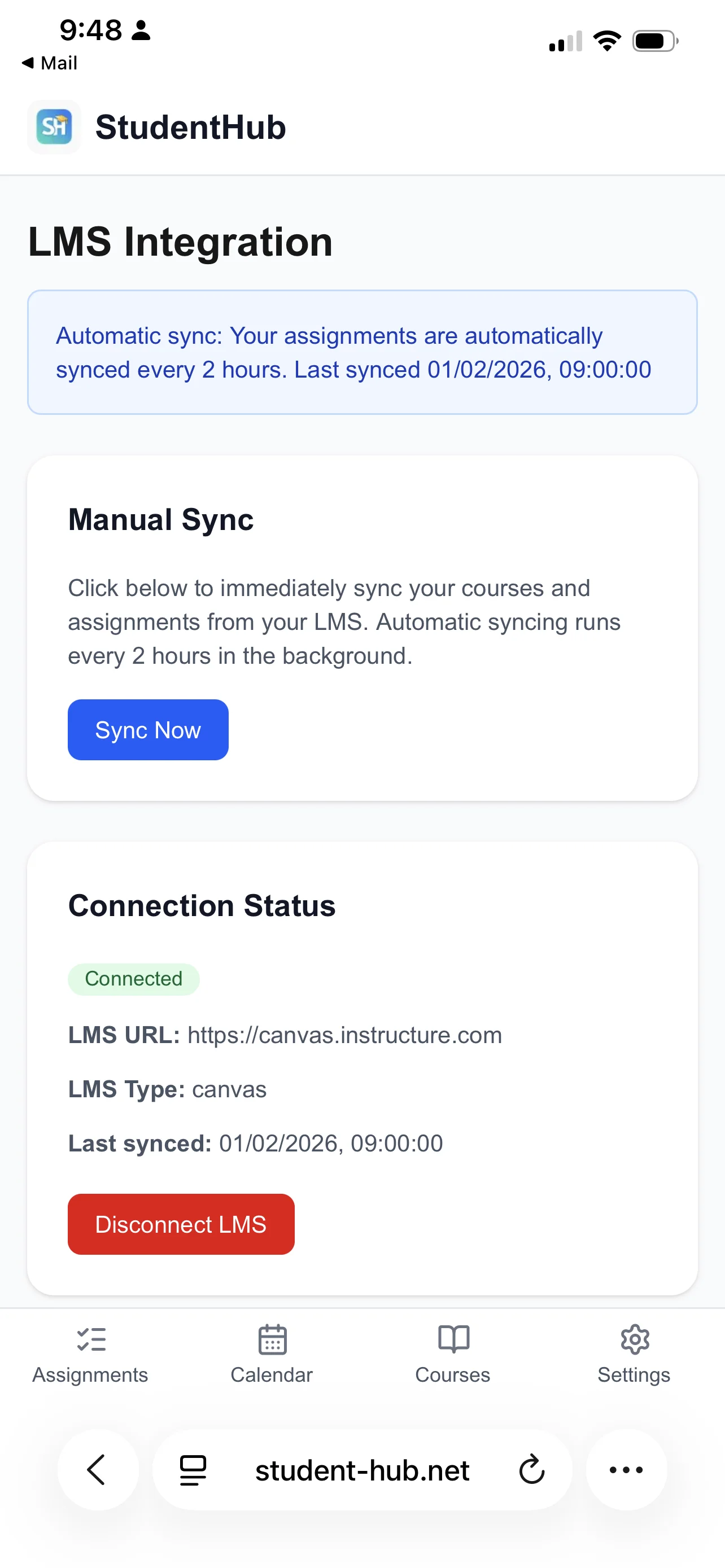 LMS sync status showing last sync time and connection details
